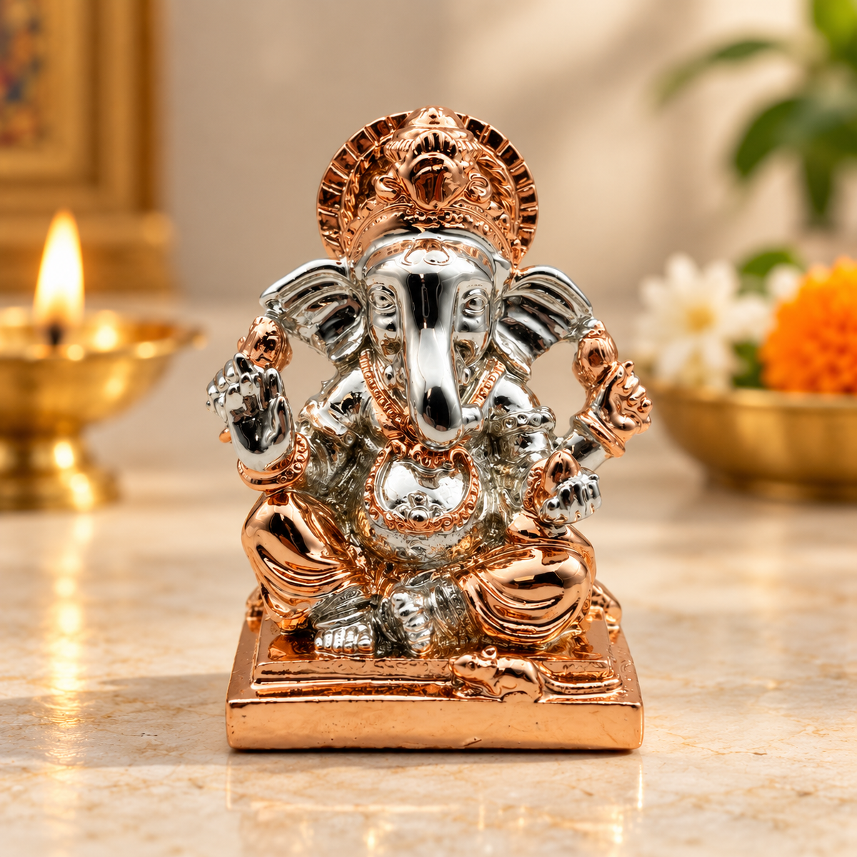 Mini Lord Ganesha Decorative Idol – Silver & Bronze | Seated Ganpati Pooja & Home Décor Statue | Size: 6 × 5.5 × 7.5cm (2.36" × 2.16" × 2.95") | Model No. 2759-2 | 9351235061979