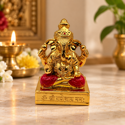 Mini Lord Ganesha Decorative Idol – Red & Gold | Ganpati Idol with Shree Ganesh Mantra Base | Pooja & Home Décor Statue | Size: 5 × 3.5 × 7.5cm (1.96" × 1.37" × 2.95") | Model No. 2588-3GC | 9351235061993