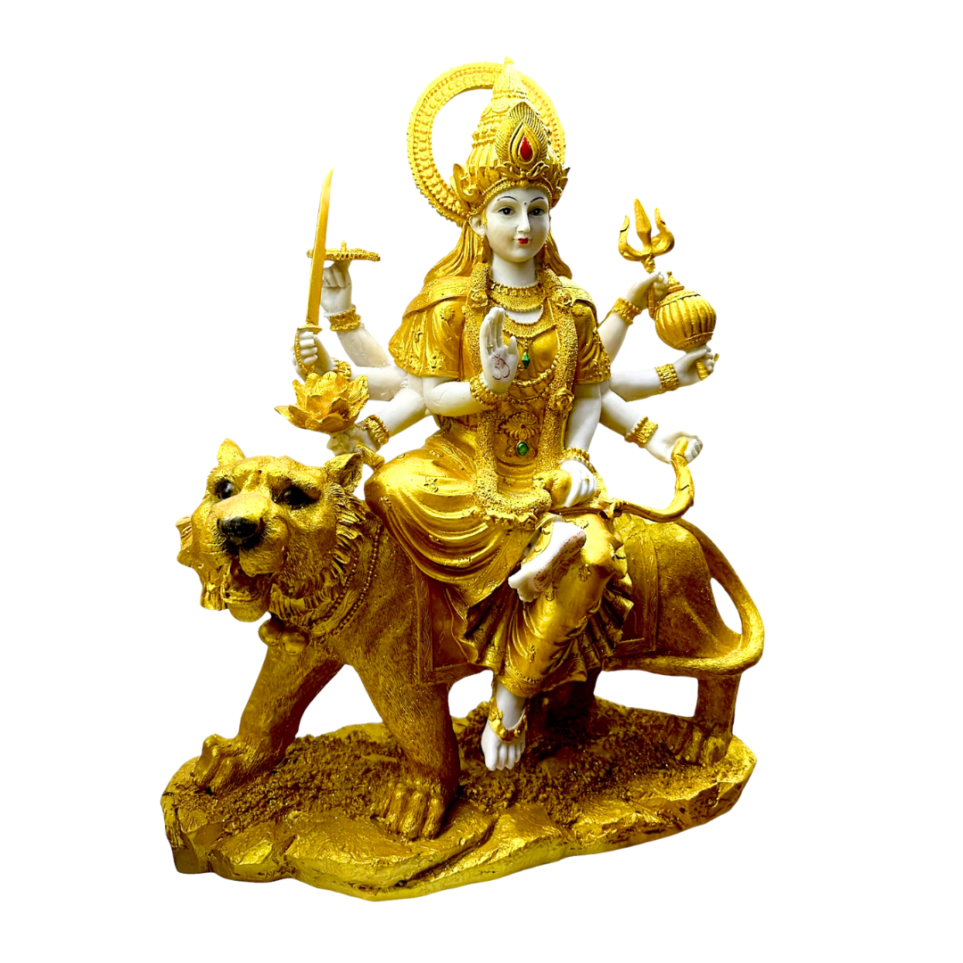 Golden Durga Mata Idol – Lion Rider Form Idol/ Statue/ Murti  | 36 x 13 x 45cm （14.17in x 5.12in x 17.72in） | GOD F126 - 6920251040126/ 9351235055381