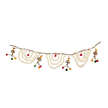 White Floral Lotus Wandanwar Toran with Beads & Pom-Poms Garland/ Door Hanging / Latkan for Decoration (Style No-5)- 9351235058887