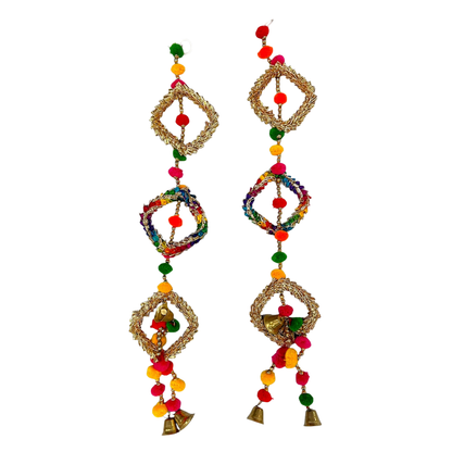 Golden Diamond Shaped Toran with Bells Multicolour Pom Pom Garland/ Door Hanging Wandhanwaar/ Latkan for Decoration (Set of 2)  (Style No 9)- 9351235058610