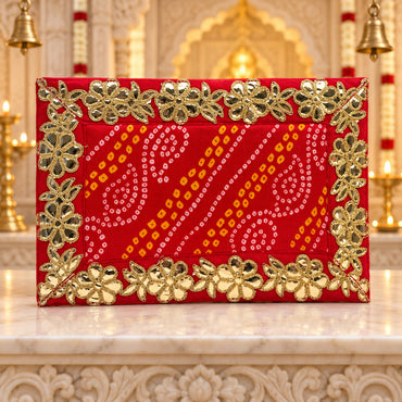 Pooja Aasan Premium Velvet Cloth – Red with Gold Lace Border | Decorative Puja Chowki Aasan for God Idols & Mandir | Size: 8" × 12" | Code: SH-108A