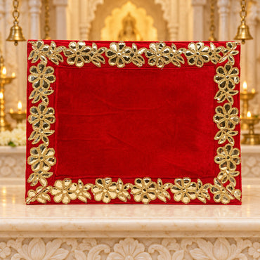 Pooja Aasan Premium Velvet Cloth – Red with Gold Lace Border | Decorative Puja Chowki Aasan for God Idols & Mandir | Size: 10" × 13" | Code: SH-104A