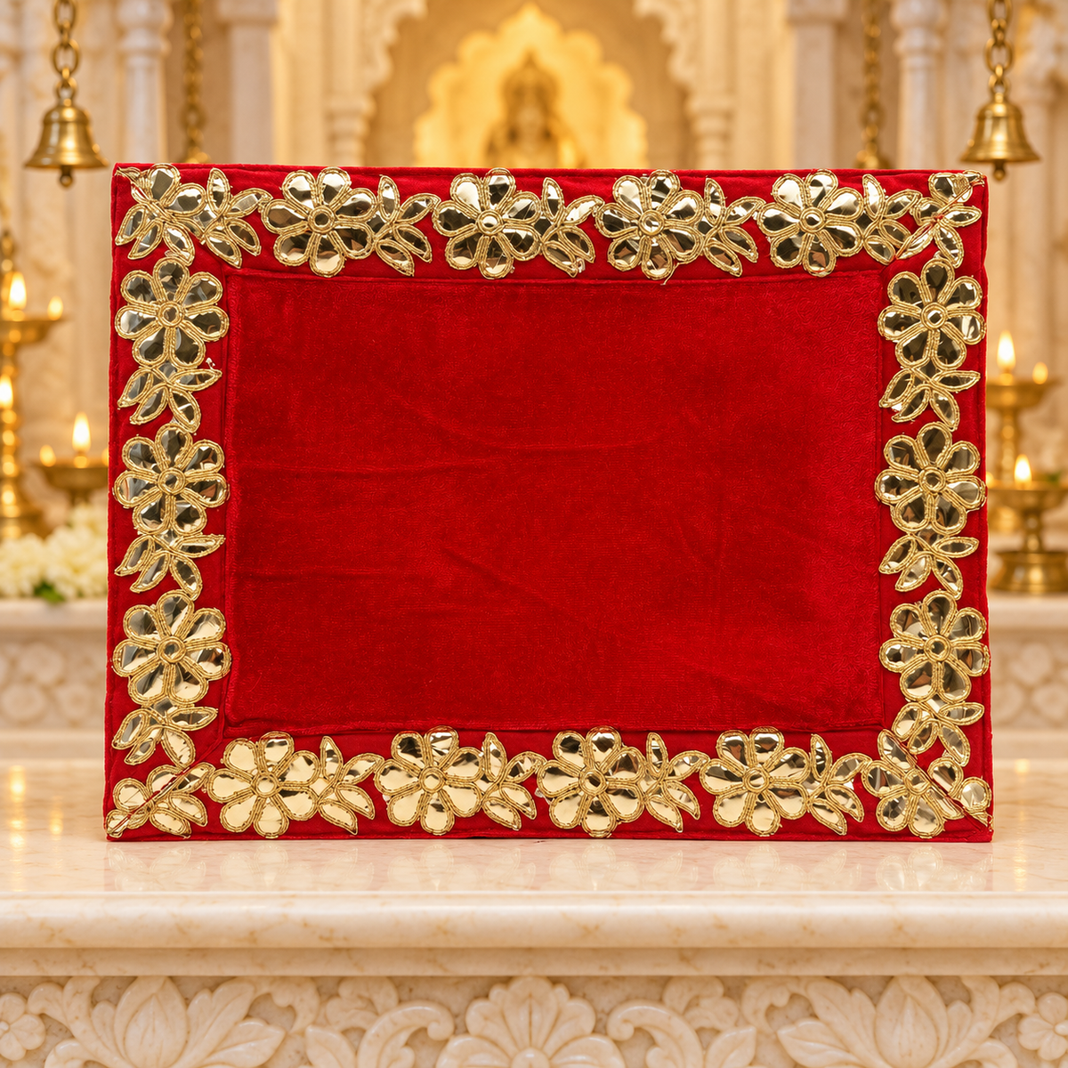 Pooja Aasan Premium Velvet Cloth – Red with Gold Lace Border | Decorative Puja Chowki Aasan for God Idols & Mandir | Size: 10" × 13" | Code: SH-104A