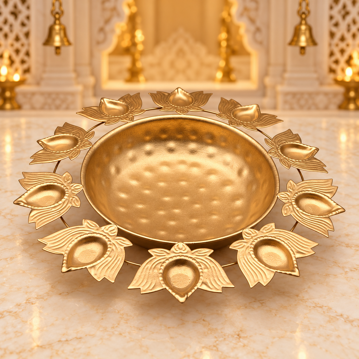Decorative Diya Urli Bowl with Lotus Border – 13" | Traditional Indian Floating Diya & Flower Decoration | Diwali, Pooja & Festive Home Décor | 9351235063218