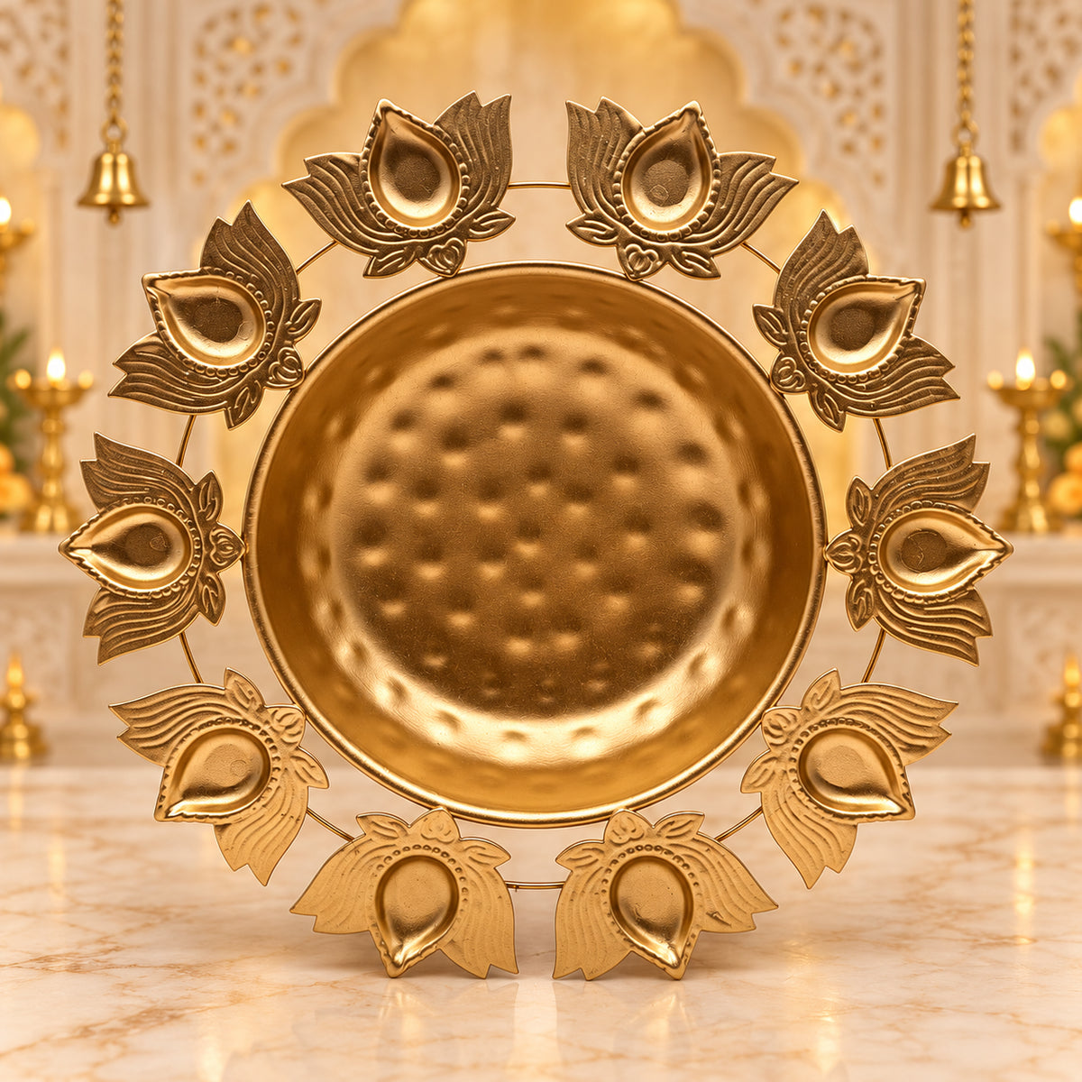 Decorative Diya Urli Bowl with Lotus Border – 13" | Traditional Indian Floating Diya & Flower Decoration | Diwali, Pooja & Festive Home Décor | 9351235063218