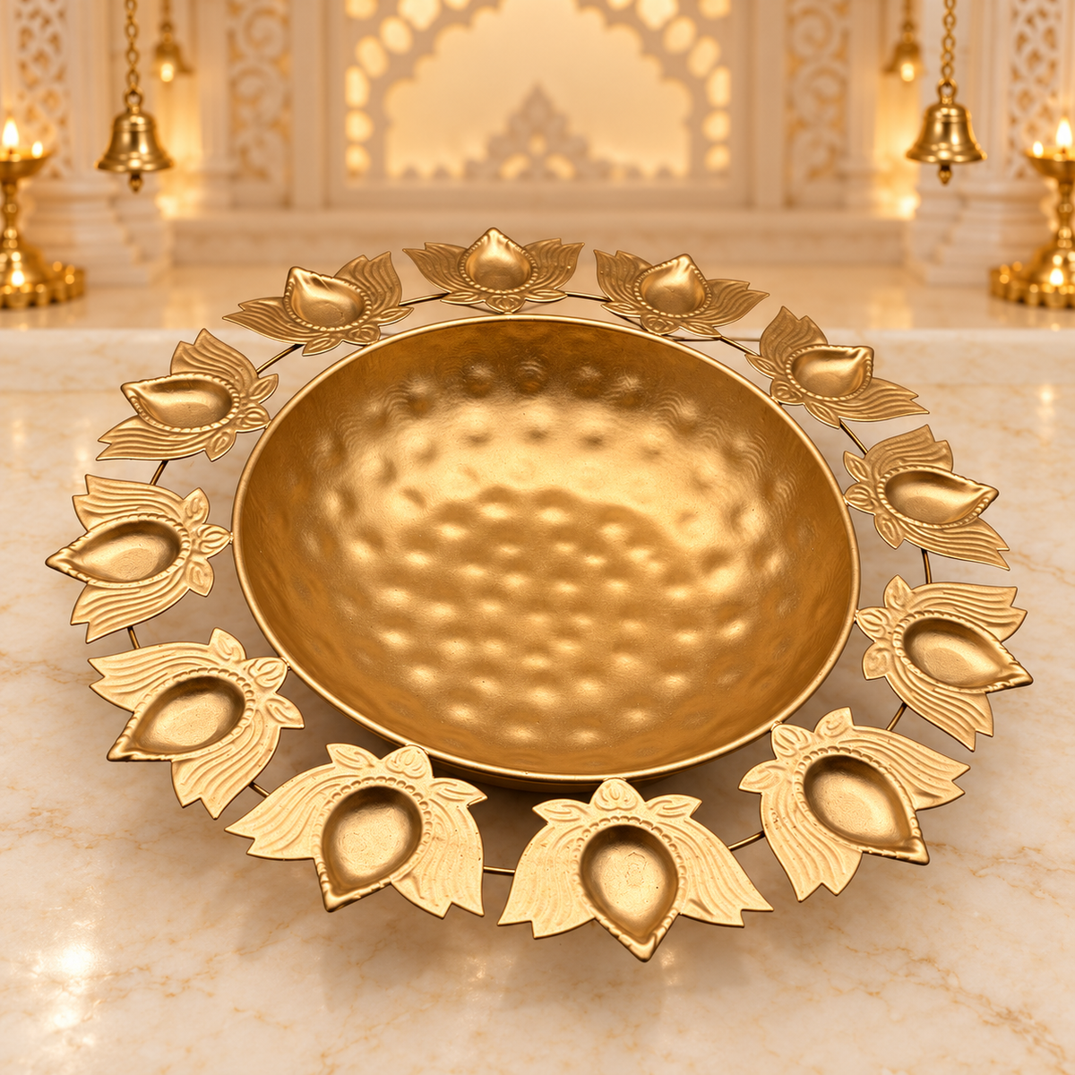 Decorative Diya Urli Bowl with Lotus Border – 15" | Traditional Indian Floating Diya & Flower Decoration | Diwali, Pooja & Festive Home Décor | 9351235063225