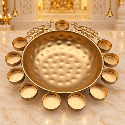 Decorative Diya Urli Bowl with Peacock Border – 12" | Traditional Indian Floating Diya & Flower Decoration | Diwali, Pooja & Festive Home Décor | 9351235063256