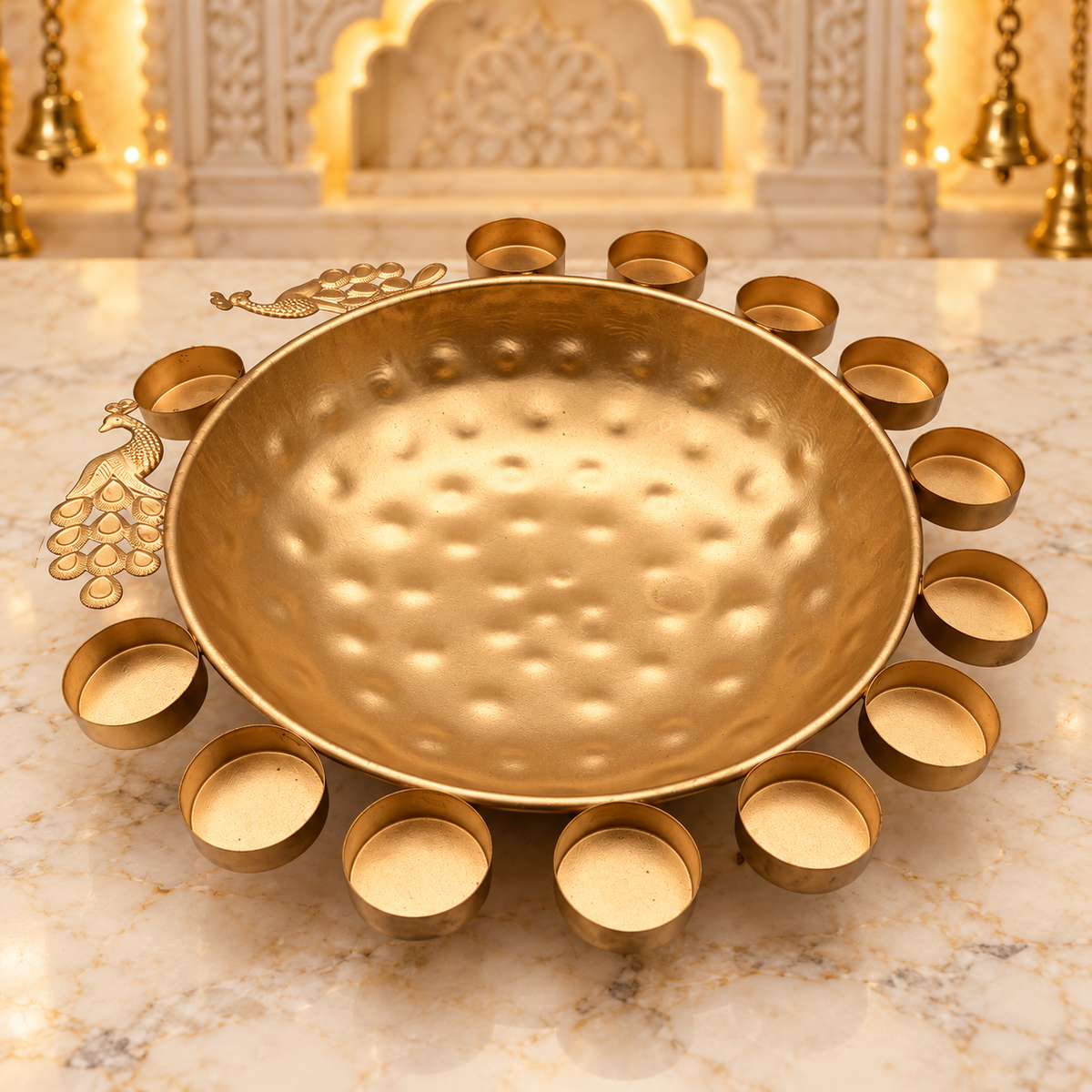 Decorative Diya Urli Bowl with Peacock Border – 14" | Traditional Indian Floating Diya & Flower Decoration | Diwali, Pooja & Festive Home Décor | 9351235063263