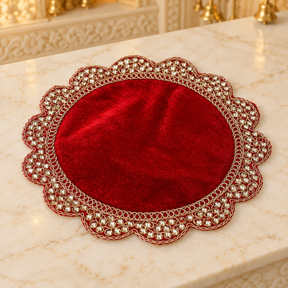 Pooja Aasan Velvet Cloth with Gold Lace Border | Decorative Puja Chowki Aasan for God Idols & Mandir | Size: 8" × 8" | Code: CH-57 | 9351235062860