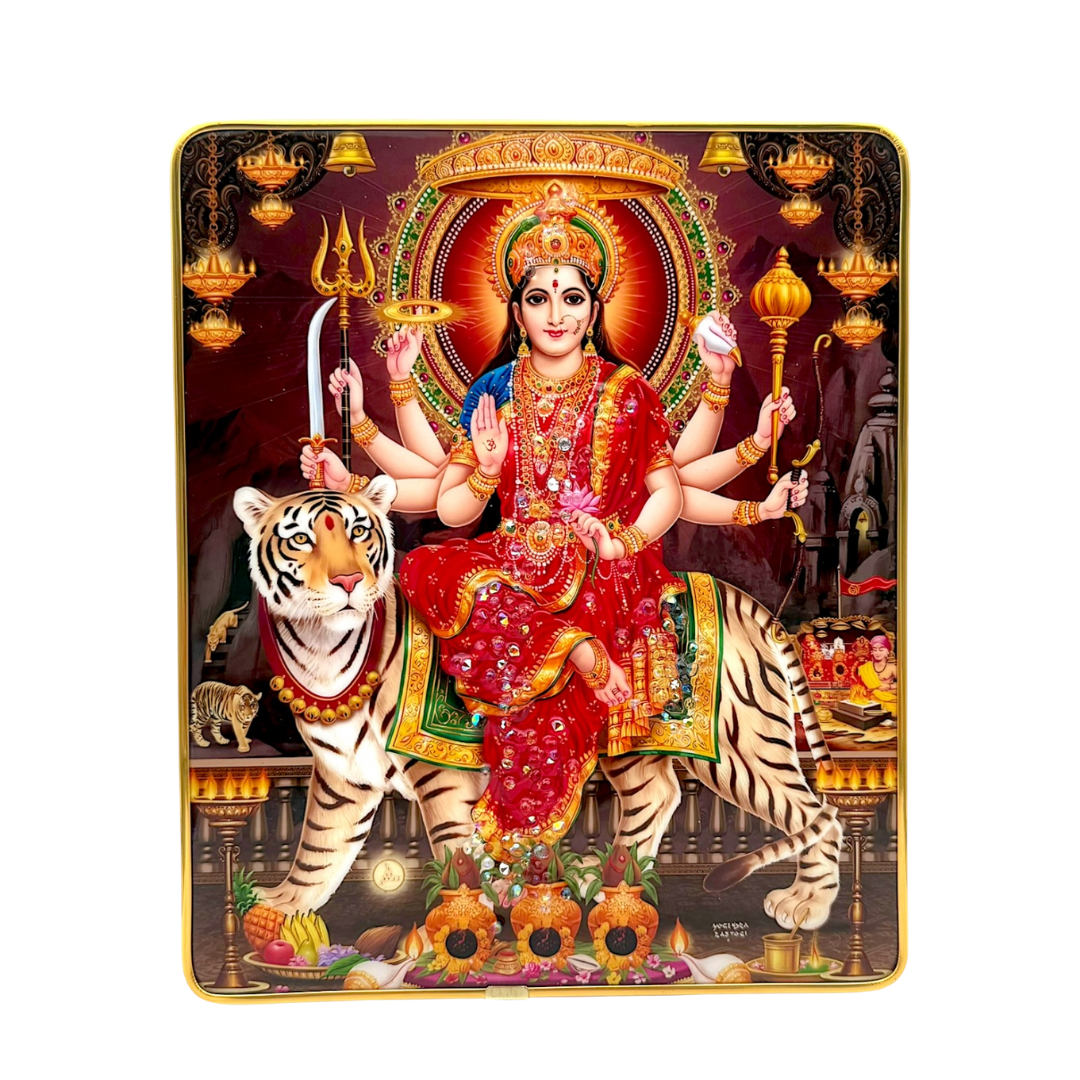 Goddess Durga Photo Frame – Divine Shakti on Tiger  | 20*24cm (8"*9.5") | Decorative Painting JC2024B-8 With Support - 9351235056845