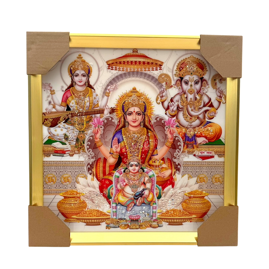 Lakshmi Ganesh Saraswati with Kuber Ji Photo Frame  | 33*33CM (13"*13") | Decorative Painting JC333311-7 - 9351235056913