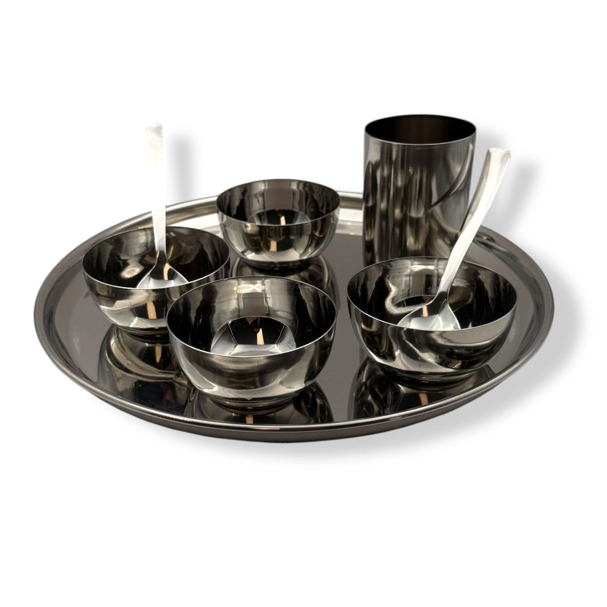 Steel Thali Set / 4 Katoris/ 1 Glass/ 2 Spoons