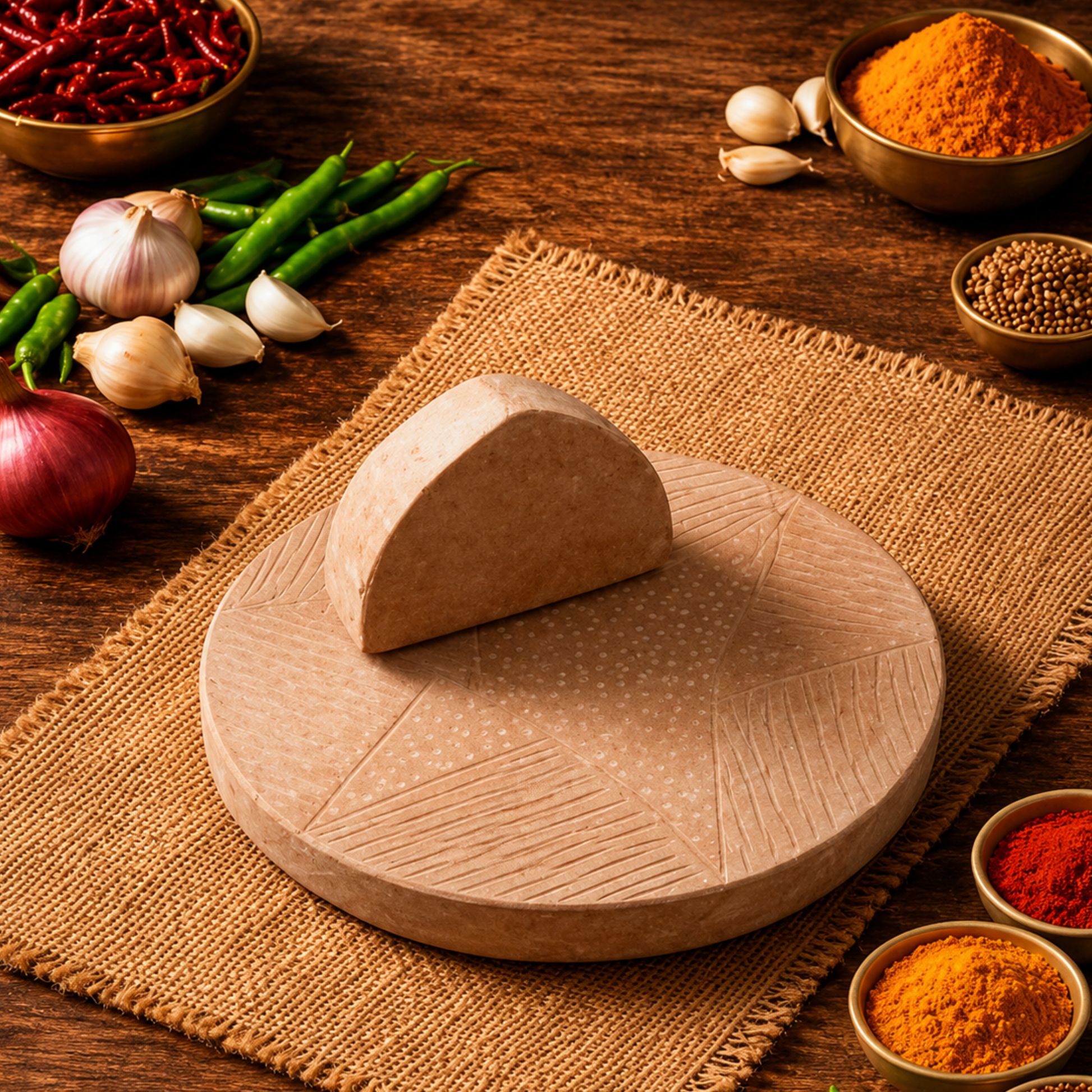 Stone Silbatta 2-Piece Set – Big Round | Traditional Indian Grinding Stone | Sil Batta & Grinding Pestle