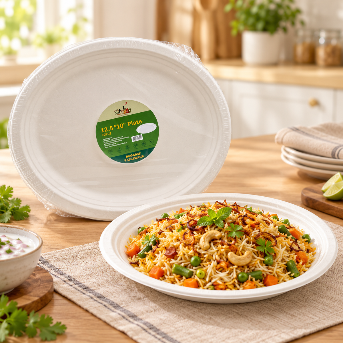 The Spice Factory Bagasse Oval Plates 12.5" × 10" – Pack of 20 | Eco-Friendly Disposable Food Plates | Microwave Safe | 9351235062518