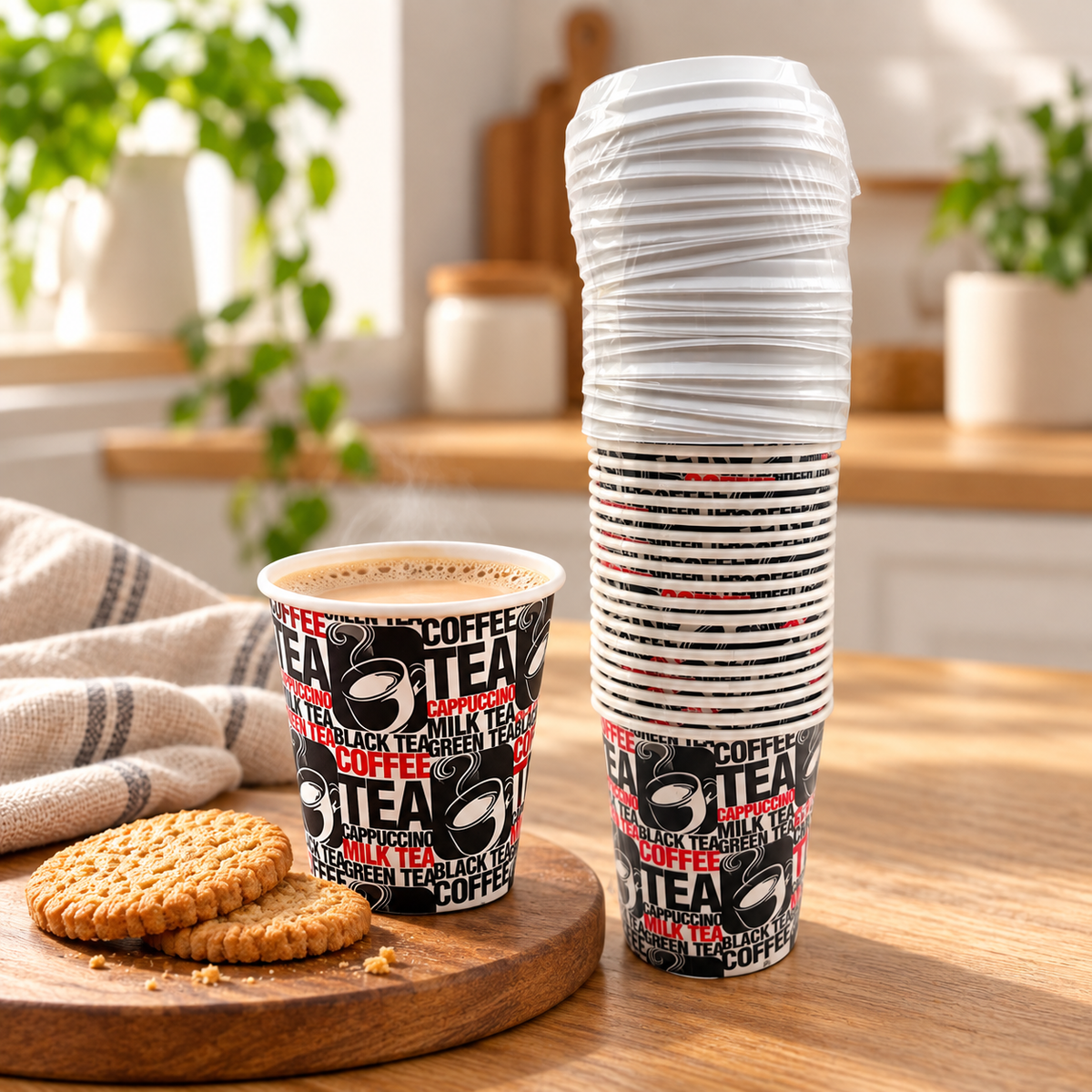 The Spice Factory Printed Disposable Tea & Coffee Cups with Lids 200ml (7oz) – Pack of 20 | Hot Beverage Paper Cups | 9351235062716