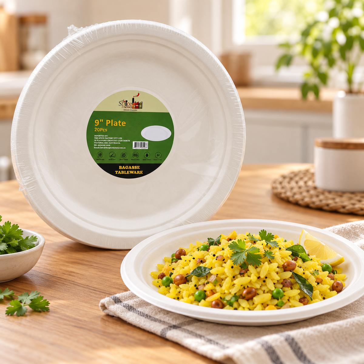 The Spice Factory Bagasse Round Plates 9" – Pack of 20 | Eco-Friendly Disposable Food Plates | Microwave Safe | 9351235062488