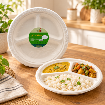The Spice Factory Bagasse Round Plates 10" with 3 Compartments – Pack of 20 | Eco-Friendly Disposable Food Plates | Microwave Safe | 9351235062495