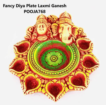 Fancy Diya Plate Laxmi Ganesh Clay - India At Home